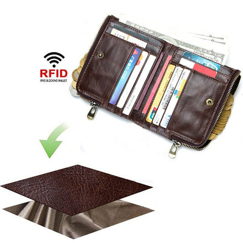 Men RFID Antimagnetic Wallet Genuine Leather 12 Card Slots Vintage Double Zipper Coin Bag