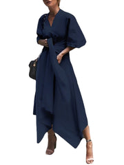 Women 3/4 Sleeve Asymmetrical Midi Shirt Casual Belted Long Dress