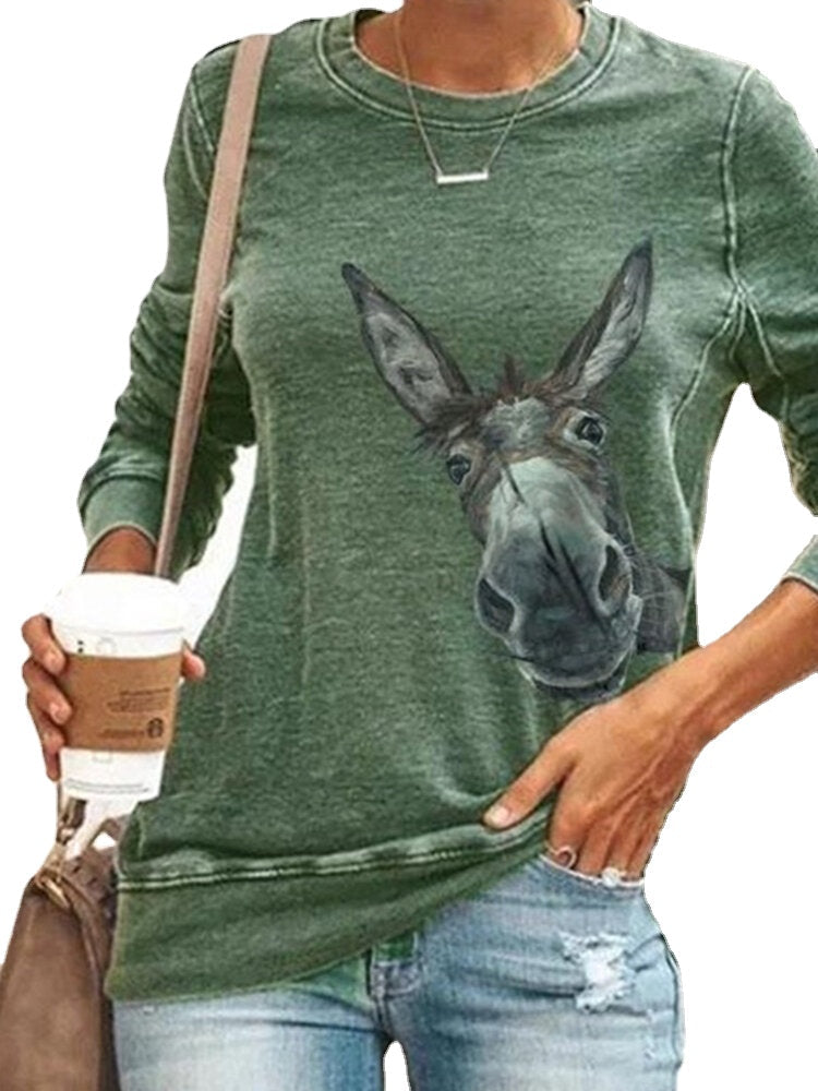 Women Cartoon Funny Donkey Print Long Sleeve O-Neck Casual Sweatshirt