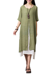 Vintage Casual False Two Pieces Linen Slit Maxi Dress For Women