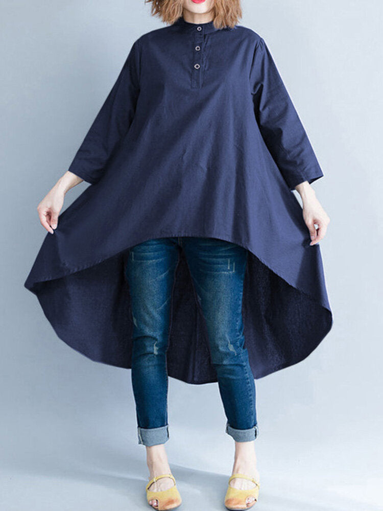 Solid Irregular Hem Button Stand Collar Blouse