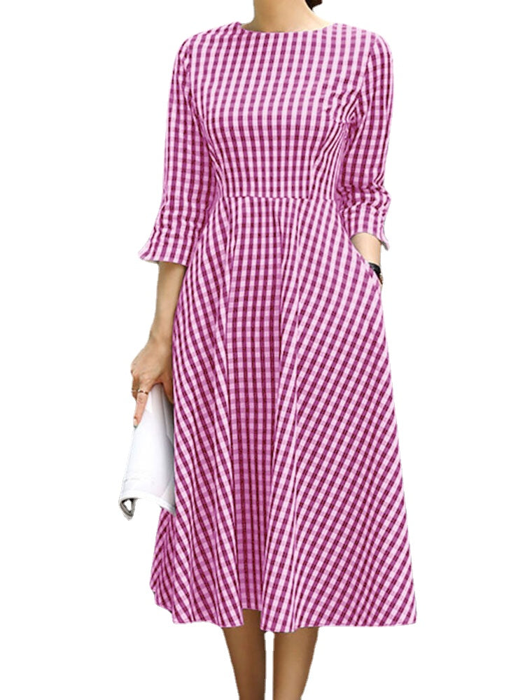 Grid Prited Plaid O-Neck Three Quarter Sleeve Back Zipper Midi Dress For Women