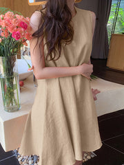 Women Cotton Solid Color Round Neck Sleeveless Casual Midi Dress