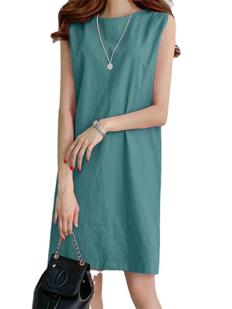 Solid H-Shaped Cotton Sleeveless Round Neck Casual Midi Dress