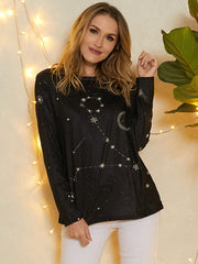 Women Pisces Print Stars Moon O-neck Long Sleeve Casual T-Shirt