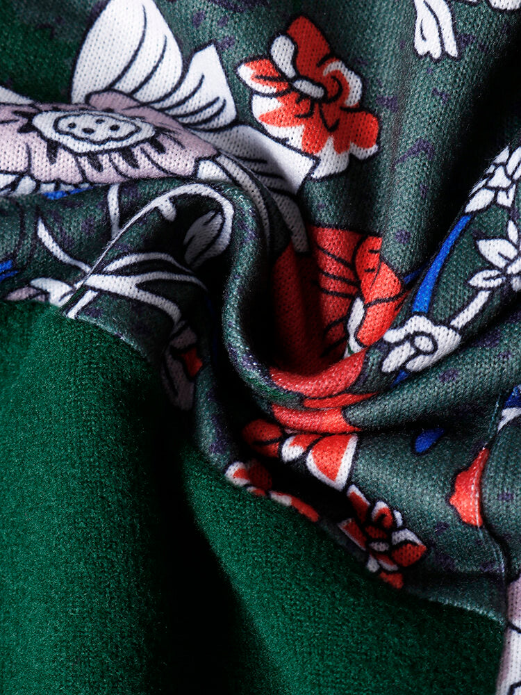 Women Vintage Floral Print Patchwork Turtleneck Long Sleeve Sweatshirts