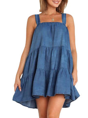 Women's Sleeveless Pure Color Ruched Square Neck Stylish Swing Denim Dress