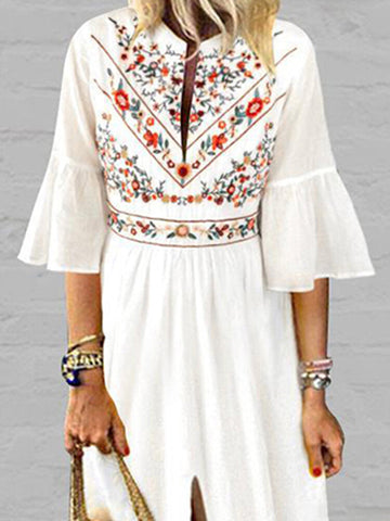 Bohemian Floral Print Flare Sleeve High Split Long Maxi Dress