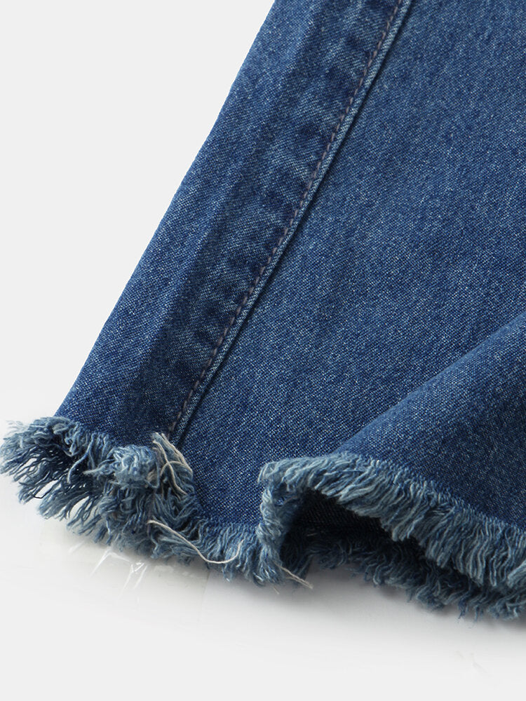 Women Distressed Solid Color Elastic Waist Loose Denim Skirt With Pocket