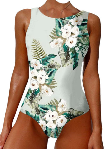 Women Floral Print Backless Swimwear Hawaii Holiday Beach One Piece