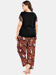 Plus Size Women Lace Black Short Sleeve Top Leopard Pants Home Casual Pajama Set