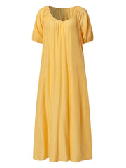 Solid Puff Sleeve Pleated Daily Casual Chiffon Maxi Dress