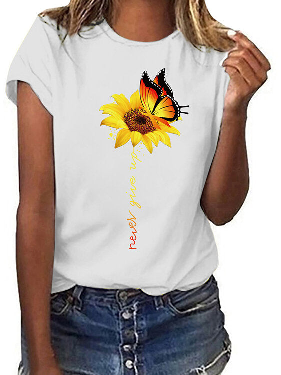 Sunflower And Butterfly Print Crew Neck Short Sleeves Casual Tee