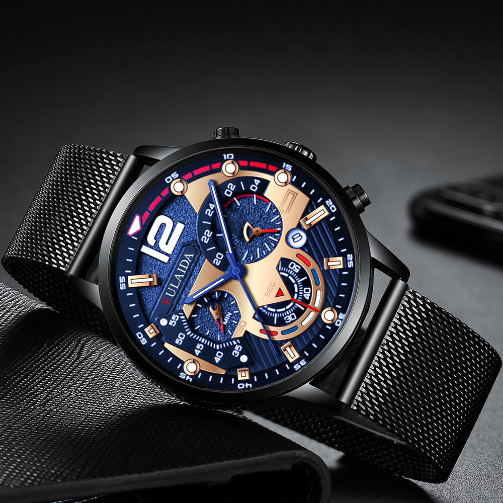 7 Colors Stainless Steel Business Casual Mesh Strap Luminous Hand Calendar Quartz Watch