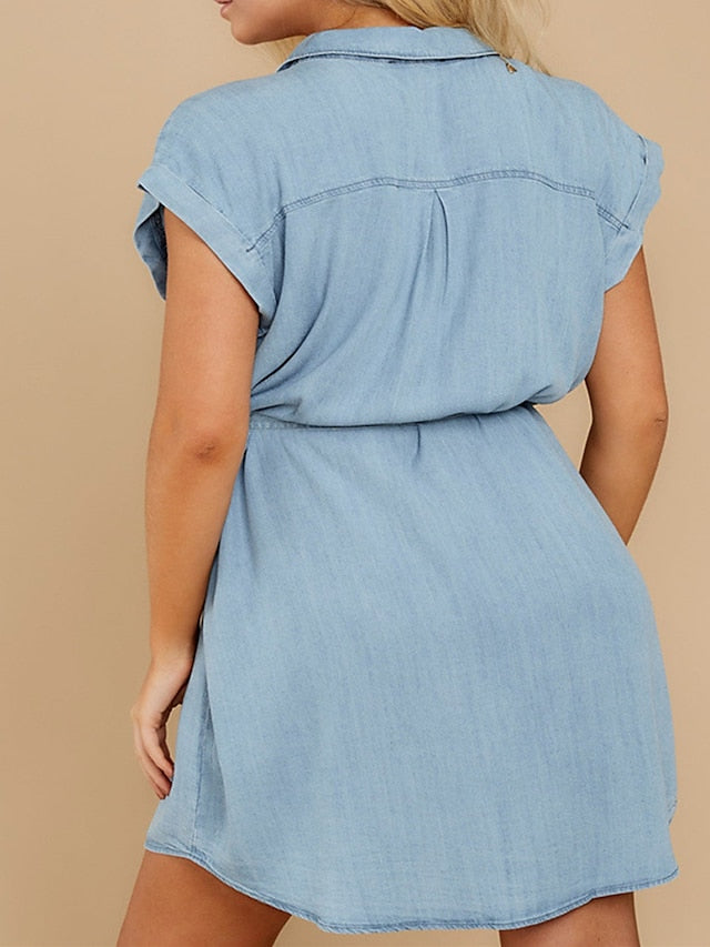 Women's Denim Shirt Dress - Sleeveless Lace-Up Mini Dress for Summer