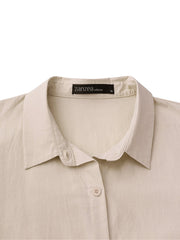 Women 100% Cotton Solid Color Curved Hem Split Lapel Loose Fit Shirt Dress