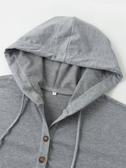 Women Solid Color Half Button Front Drop Shoulder Hoodie