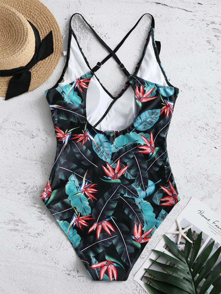 Black V-Neck Backless Flora Criss Cross Ruffled Trim Swimwear