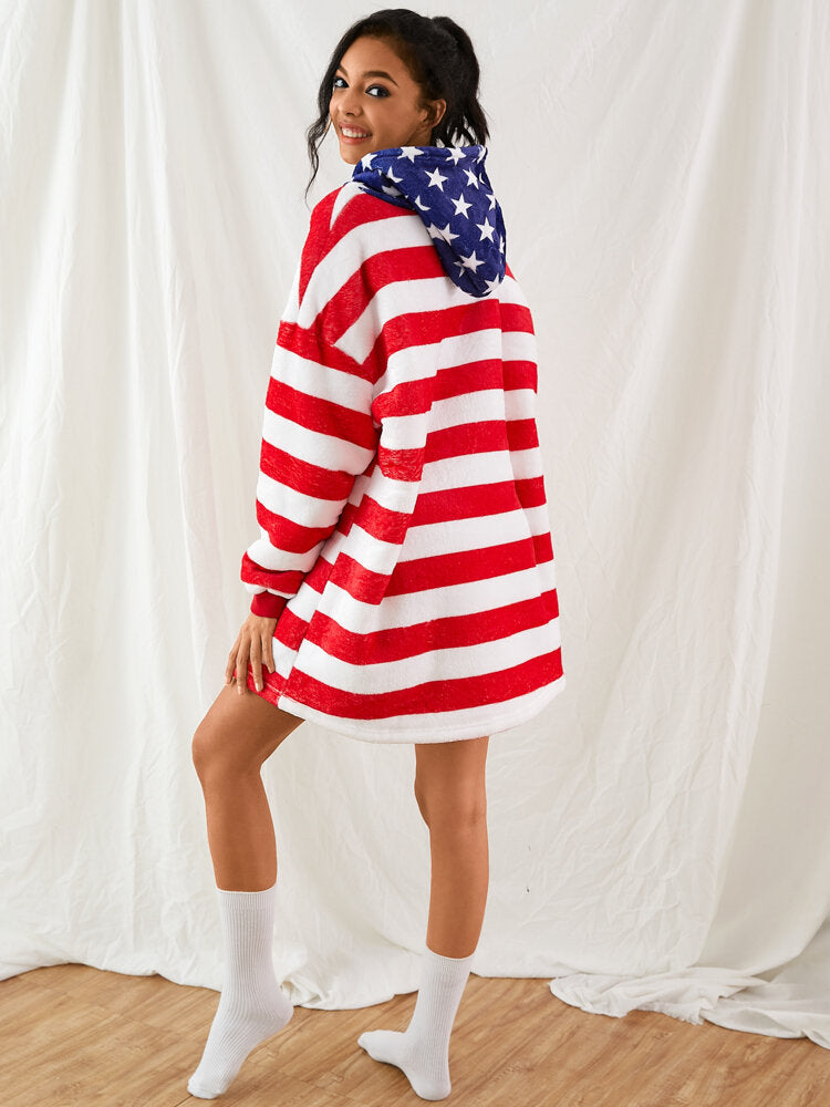 Women American Flag Graphics Fleece Lined Blanket Hoodie Cozy Thicken Warm Robe With Pocket