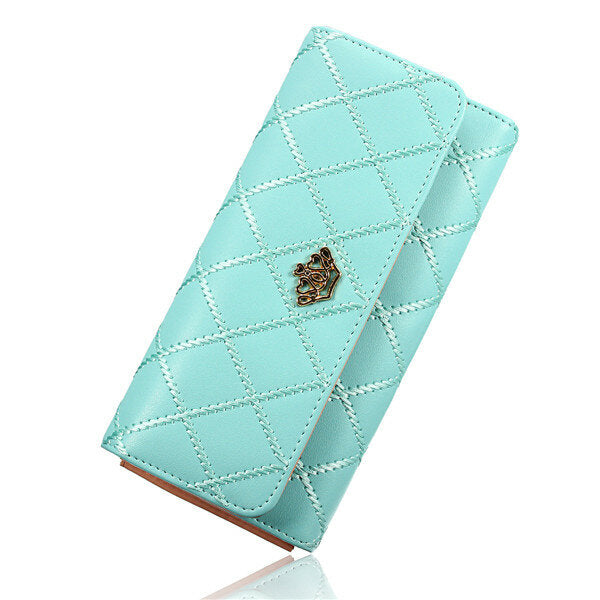 Women Quilted Crown Long Wallet Girls Candy Color Purse Card Holder Coin Bags