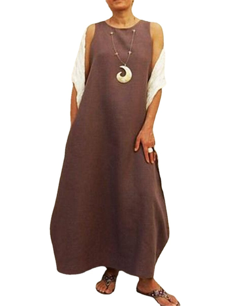 Solid Color Sleeveless O-neck Women Casual Long Maxi Dress