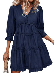 Solid Color V-neck 3/4 Sleeve Patchwork Casual Dress For Women