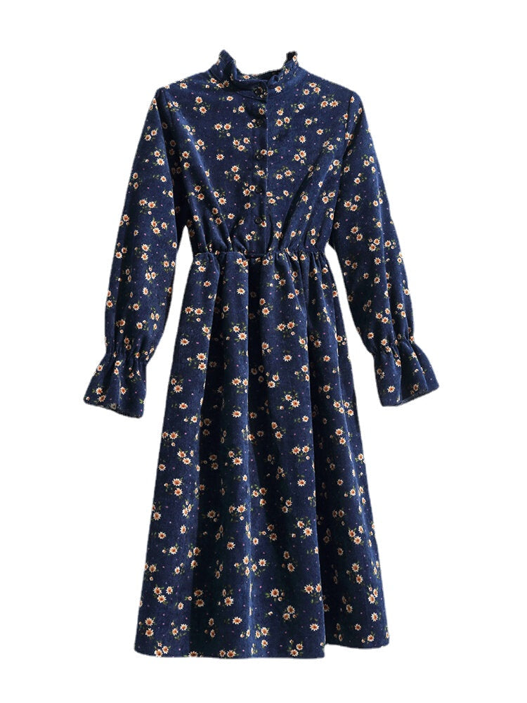 Women Floral Print Stand Collar Half Open Button Elastic Waist Long Sleeve Dresses