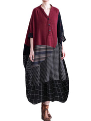 Women Plaid Stripe Patchwork V-Neck Half Button Front Vintage Maxi Dresses