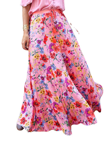 Colorful Floral Print Big Swing Elastic Waist Holiday Casual Long Skirt For Women