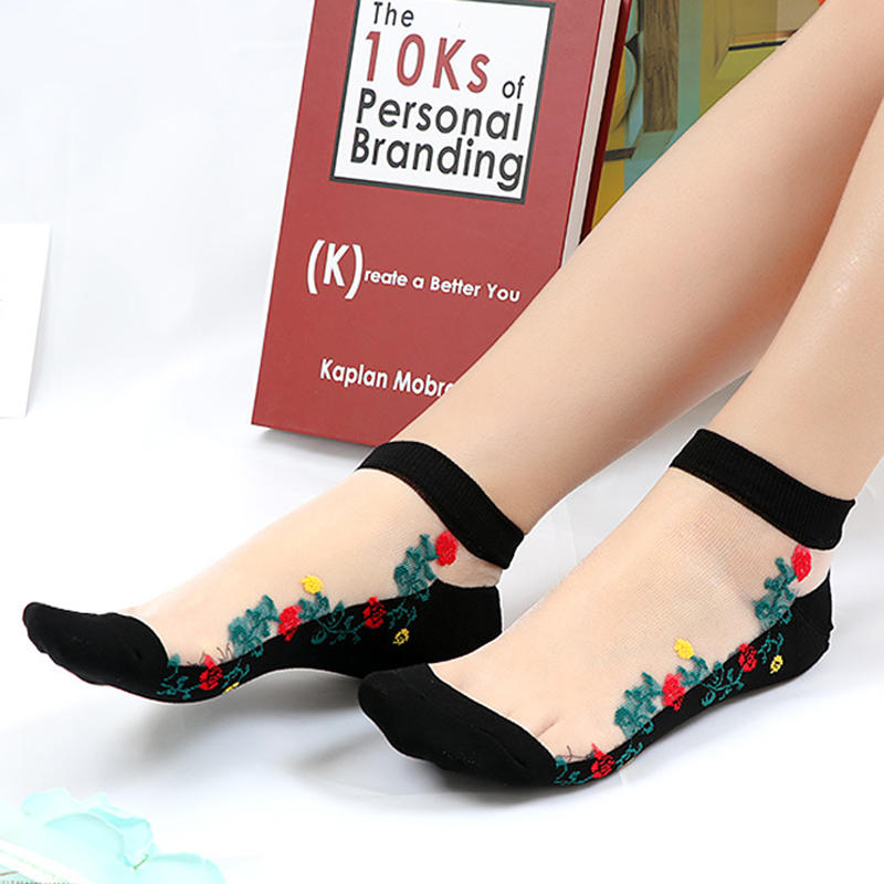 Women Ultrathin Breathable Printting Embroidered Cotton Lace Low Cut Non Slip Sock