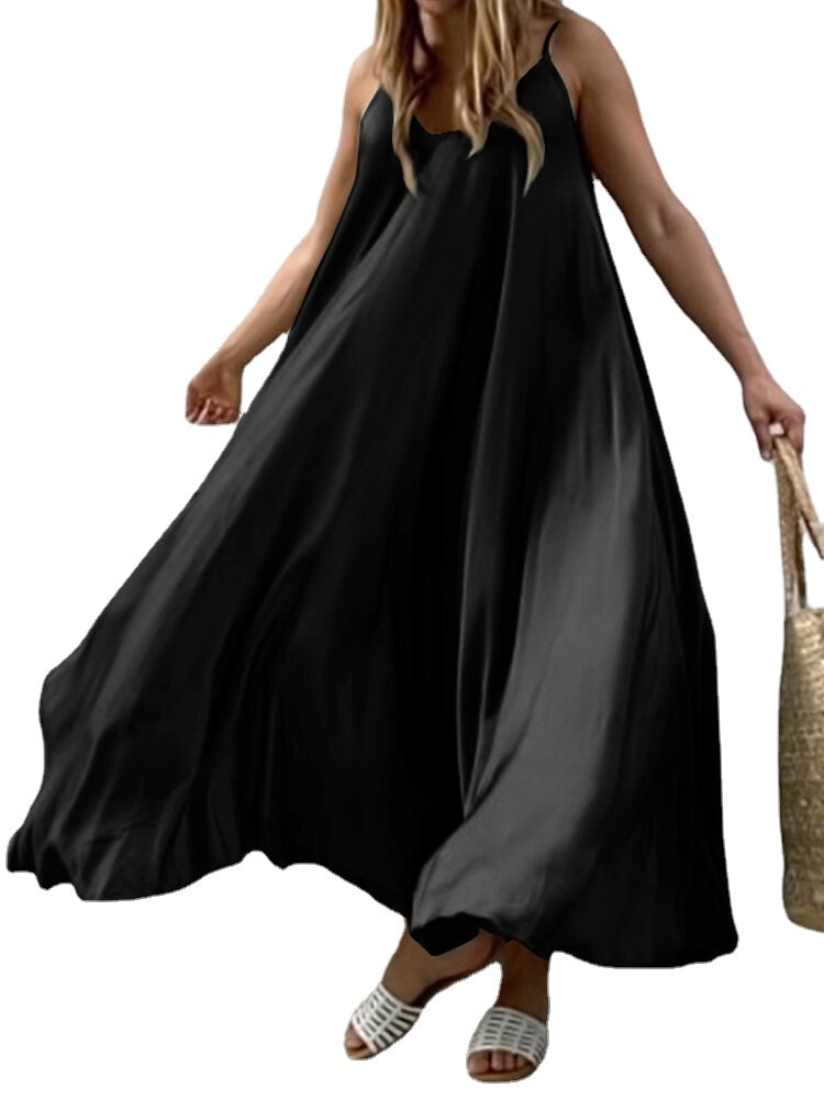 Solid Color Spaghetti Sleeveless Loose Swing Casual Maxi Dress