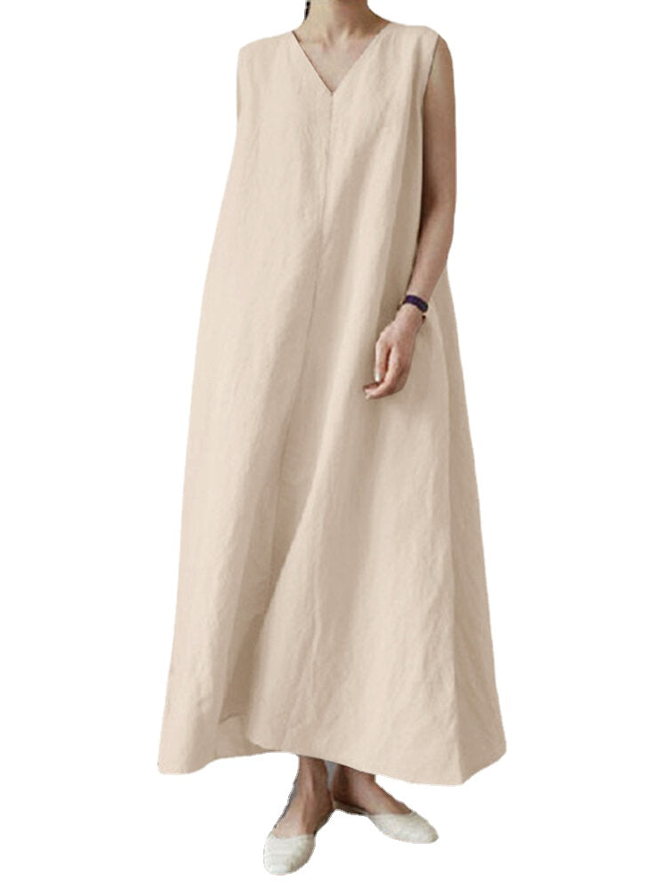 Solid V Neck Sleeveless Casual Cotton Maxi Dress