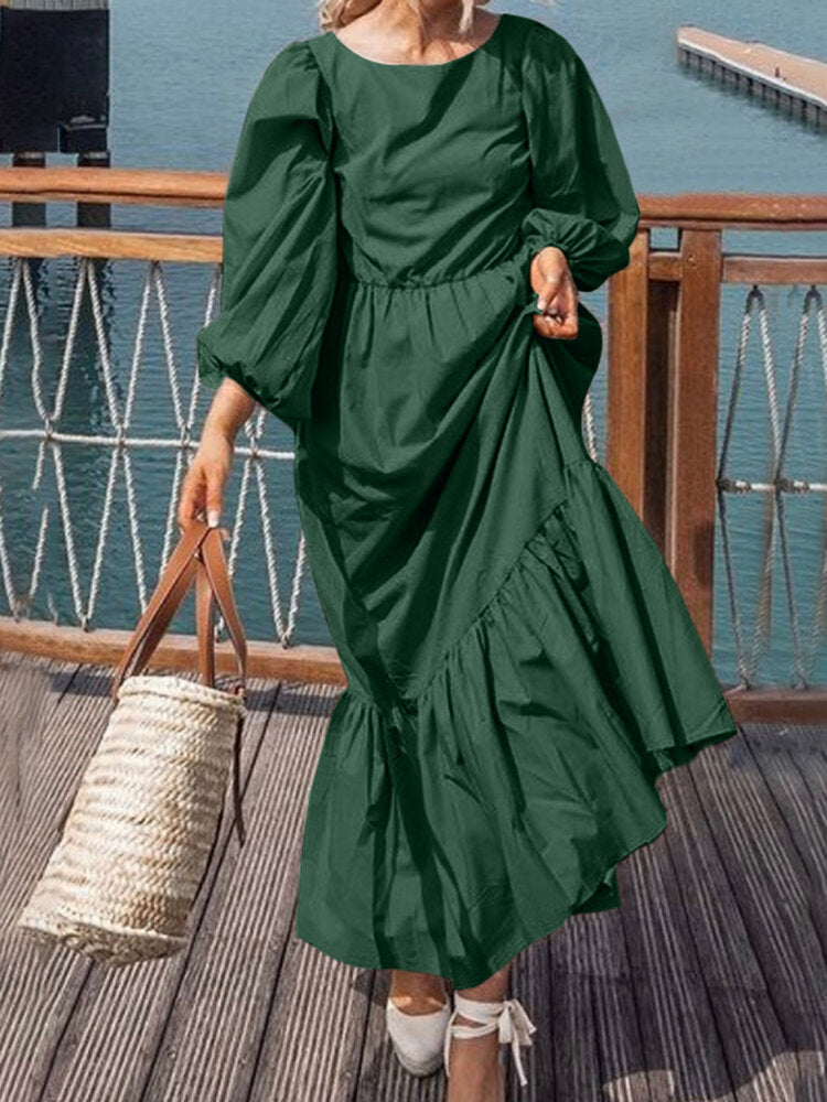 Women Solid Color Pleats Puff Sleeve Ankle Length Maxi Dresses