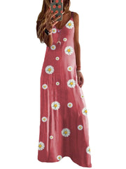 Women Summer Daisy Print Sleeveless Sling Holiday Maxi Dress