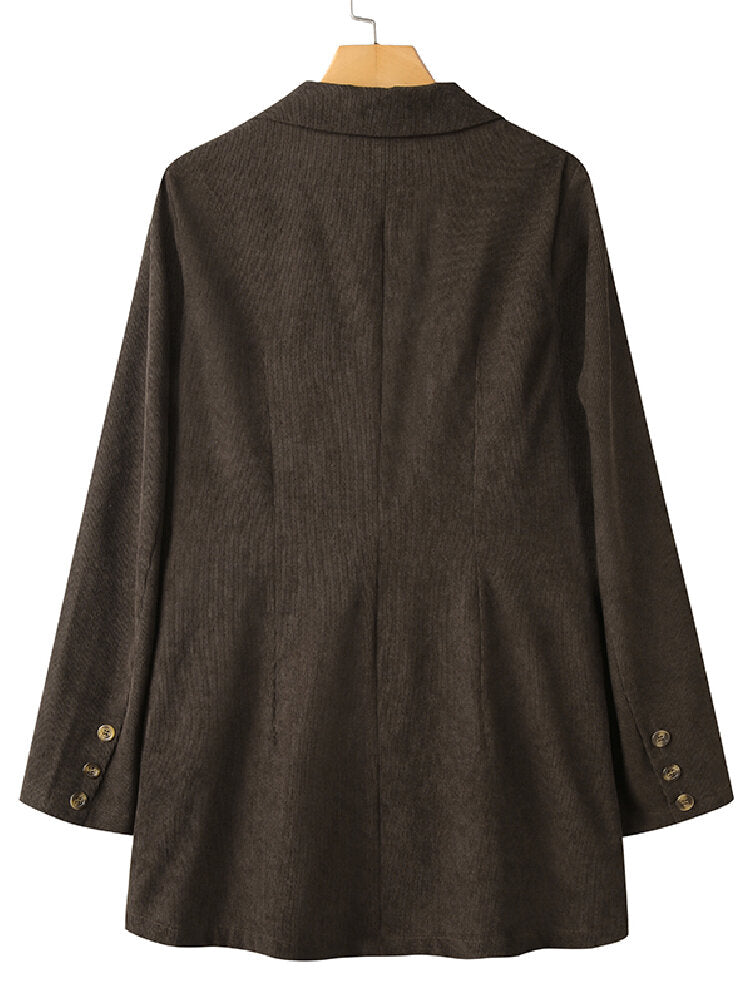 Women Corduroy Double Breasted Lapel Casual Long Sleeve Blazers With Pocket