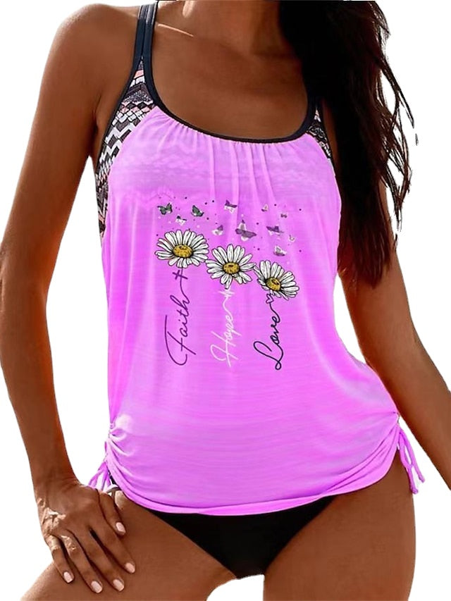 Women's Swimwear Tankini 2 Piece Plus Size Swimsuit Backless High Waisted Print Butterfly Flower Light Blue Green Rosy Pink Scoop Neck Bathing Suits New Vacation Holiday / Modern / Cute / Animal