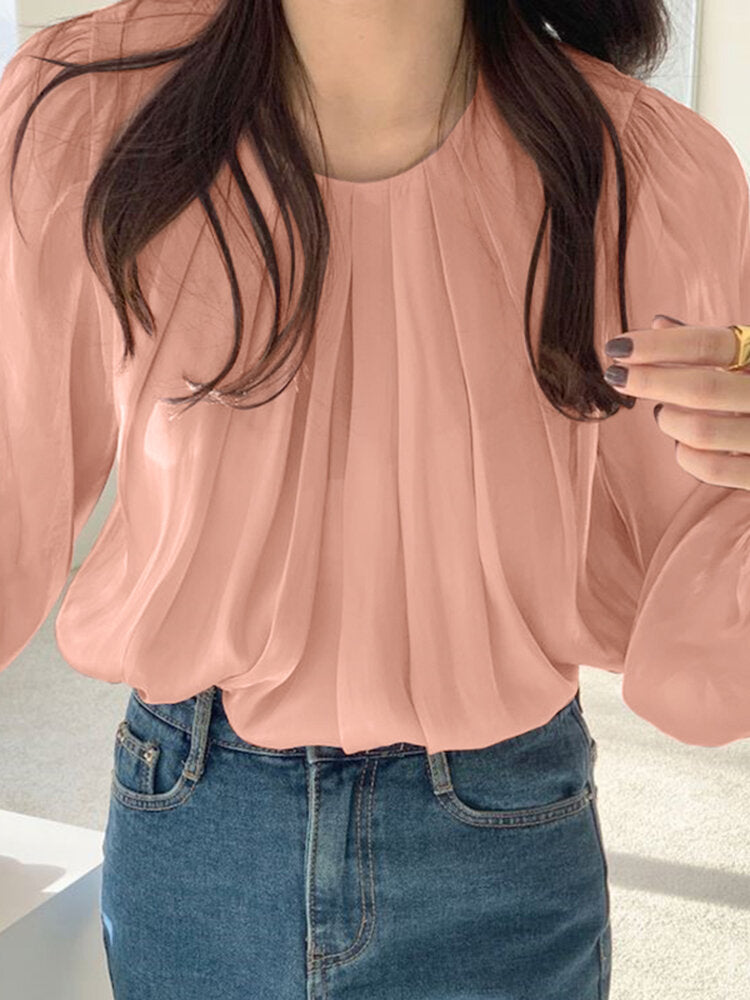 Solid Ruched Puff Sleeve Round Neck Keyhole Back Blouse