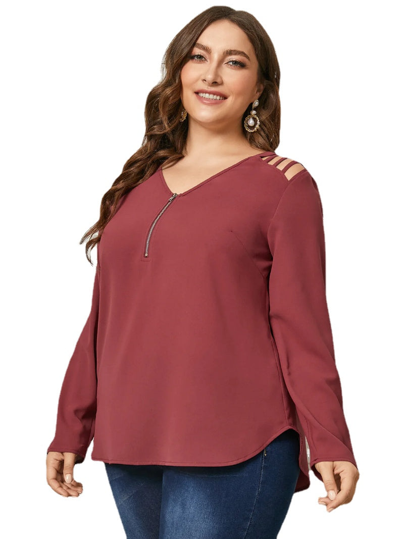 Plus Size V-neck Cut Out Zip Front Long Sleeves Blouse