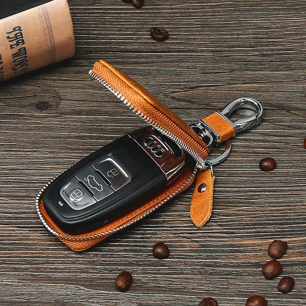 Men Genuine Leather Zipper Car Key Case Bag