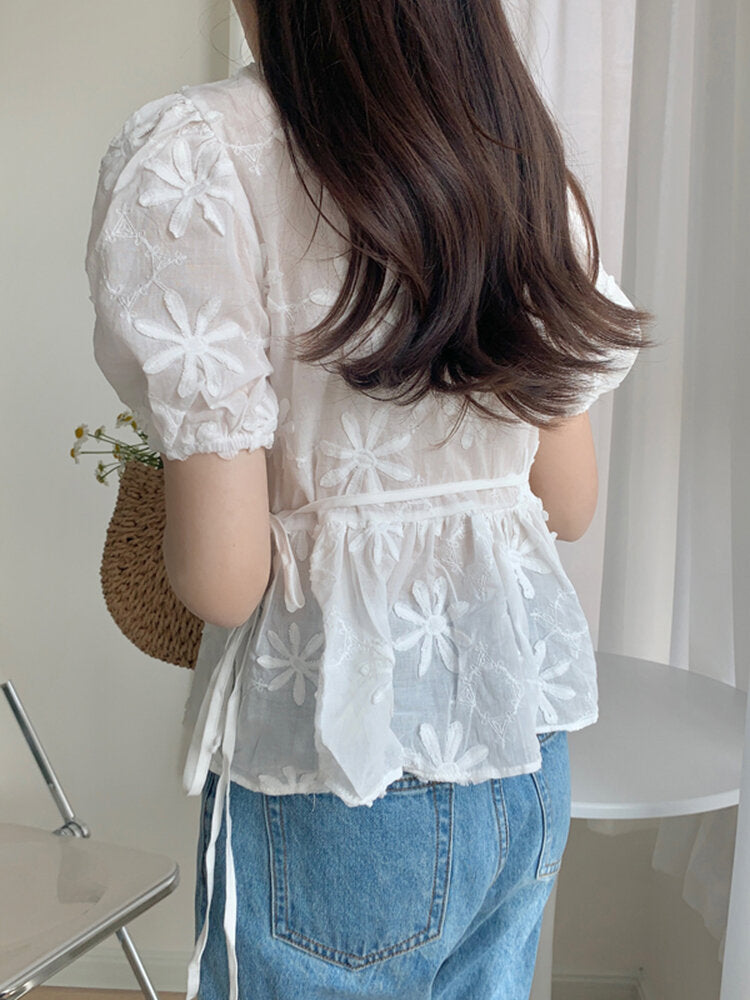 Cotton Flower Print Knotted Short Sleeve V Neck Blouse