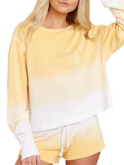 Women Yellow Gradient Round Neck Long Sleeve Drawstring Home Two-Piece Set