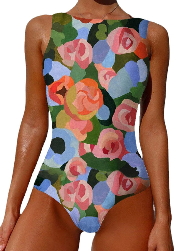 Summer Holiday Abstract Flower Print Sleeveless High Neck Swimsuits