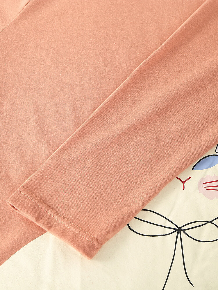 Women Cartoon Cat Solid Color Elastic Waist Loose Pants  Home Pajamas Set