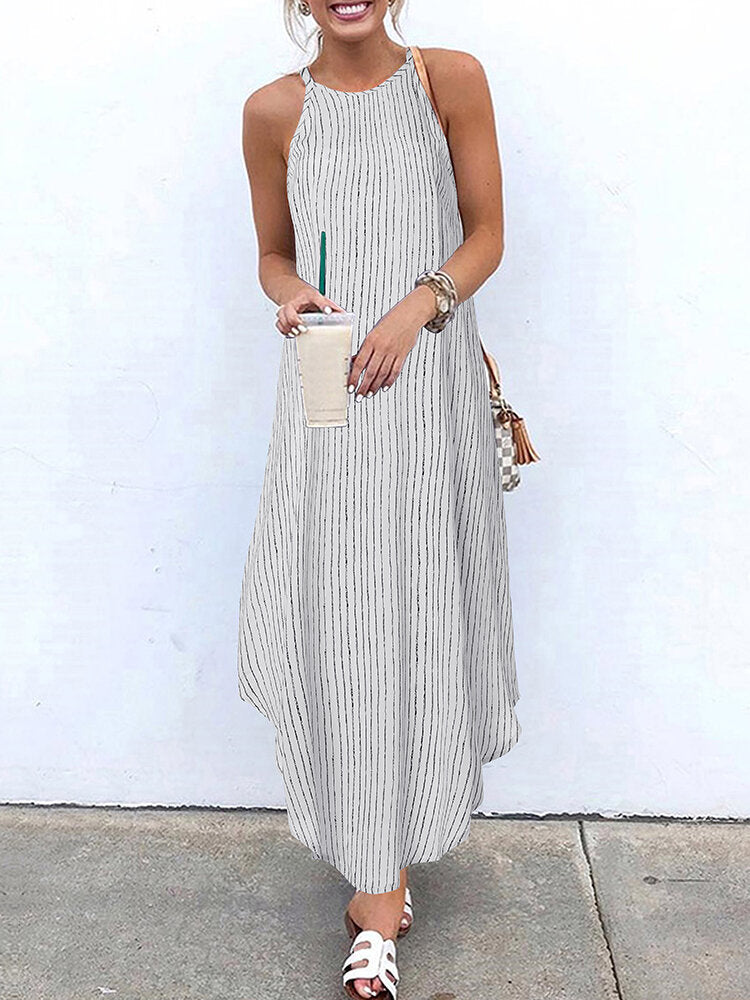 Women Casual Striped Strappy High Low Long Maxi Dress