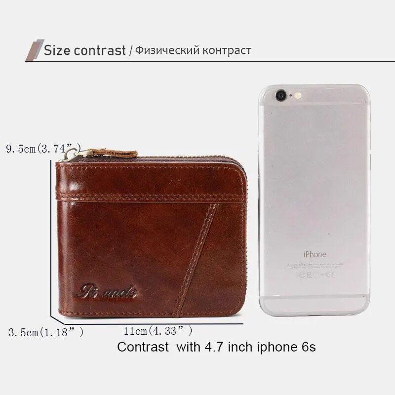 Men Genuine Leather Retro RFID Blocking Zipper Coin Bag Card Holder Wallet