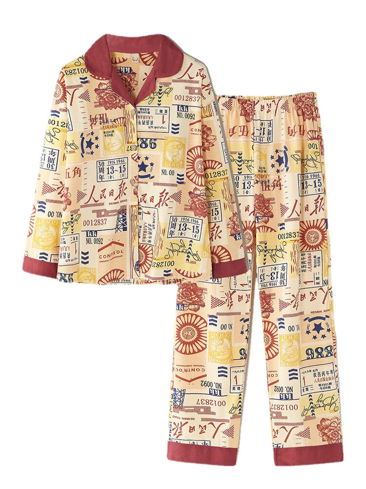 Women's Vintage Chinese Print Cotton Pajama Set - Button Up, Long Sleeve, Elastic Waist