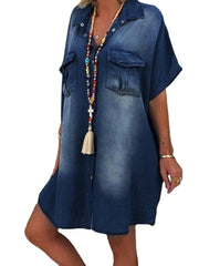 Women Casual Lapel Button Short Sleeve Loose Denim Dress