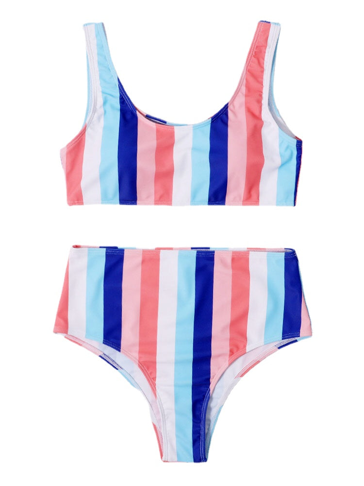 Women Colorful Stripe Wide Straps Top High Waisted Bikinis Swimsuit