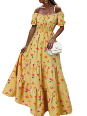 Women Elastic Square Collar Floral Print Holiday Casual Floor Maxi Dress With Belt