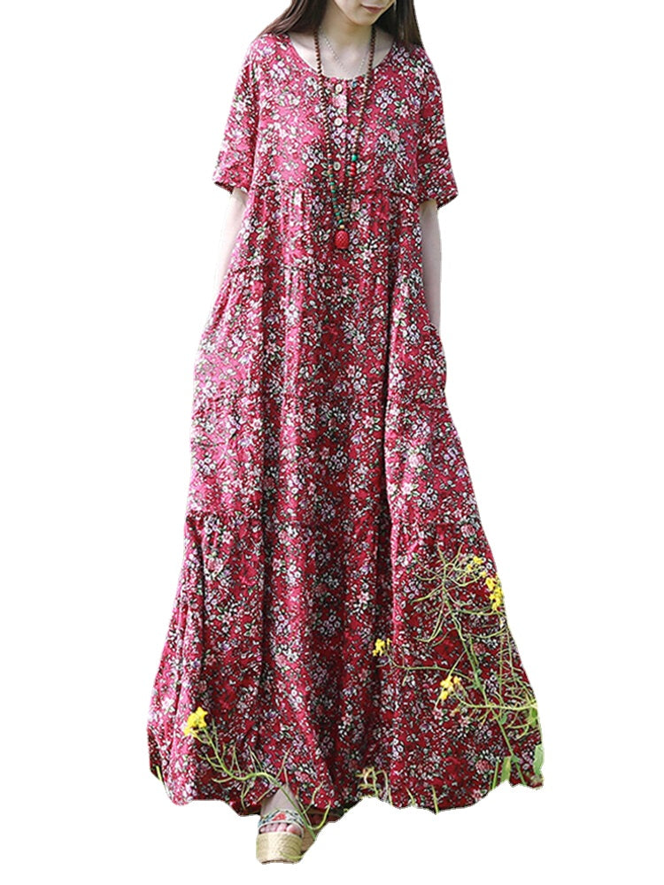 Women Vintage Ditsy Floral Print Half Button Short Sleeve Maxi Dresses